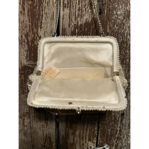 White Pearl/Sequence Purse Bag Chain Kiss Lock Handle Debbie 7" x 6” Evening - Picture 6 of 8